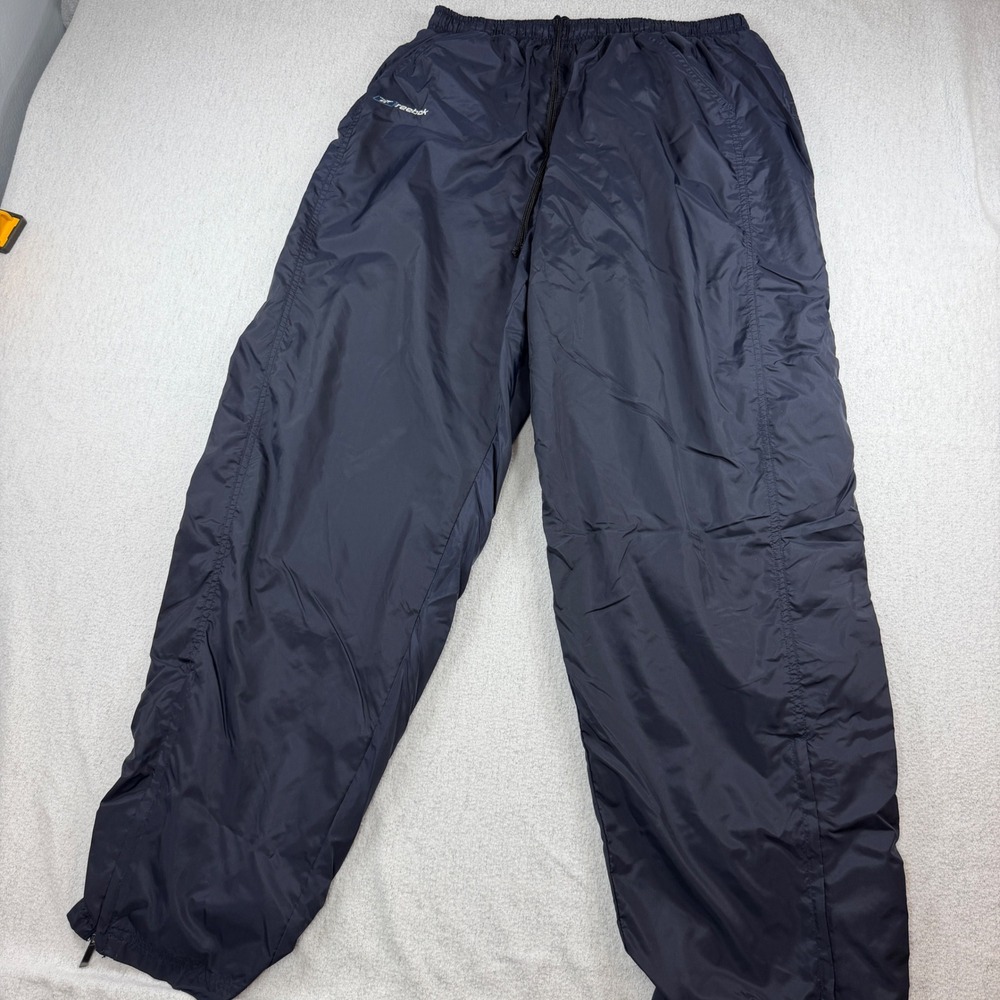 Vintage 90s Reebok Black Nylon Track Pants Baggy Windbreaker Zipper Ankle XL